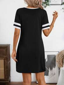 EMERY ROSE Summer Short Casual Short Sleeve Patchwork Dress - Black and White - View 2