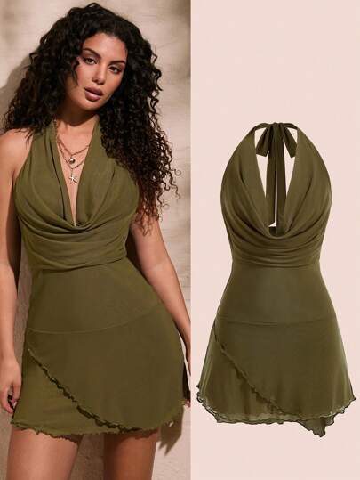 Opulessa Vestido de punto malla transparente de unicolor, sexy, con cuello drapeado y tirantes halter, diseño de espalda abierta para vacaciones de mujer, vestido de despedida de soltera, ropa para mujer en otoño, VCAY