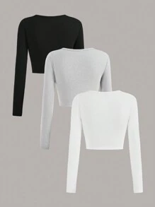 SHEIN EZwear 3pcs Basic Casual Round Neck Fleece Brushed Long Sleeve T-Shirt Crop Tops Set For Fall/Winter