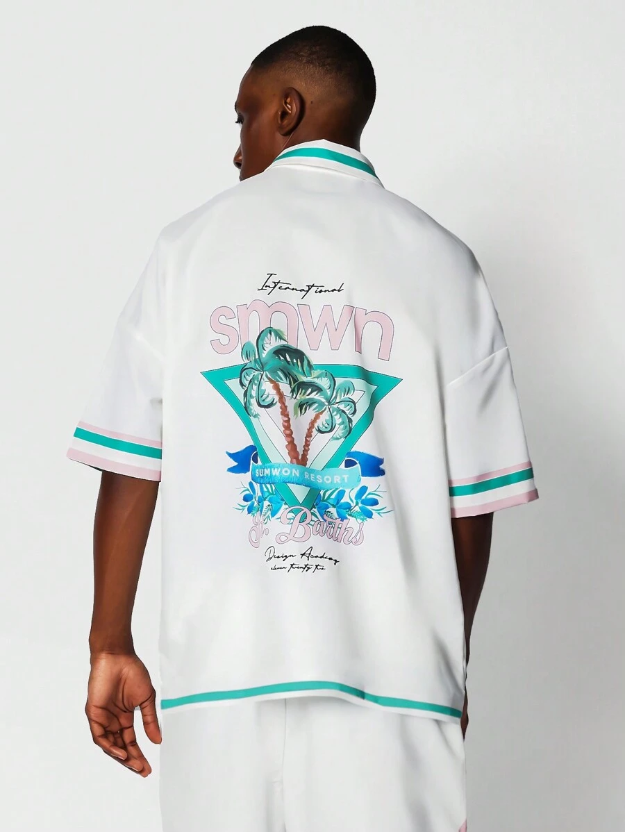 SUMWON 热带度假超大 Polo 衫，配棕榈树图案印花度假海滩夏季国际系列休闲街头风格时尚运动装 - 綠色 - 查看 1