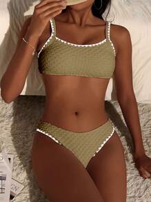SHEIN Swim Whip Stitch Swim Top & Swim Bottom Bikini Set Summer Beach - Khaki - View 5