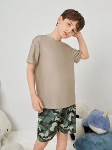 SHEIN Tween Boy's Loose-Fit Casual Knit Flame-Retardant Home Wear, 2pcs/Set, Summer - Khaki - View 4