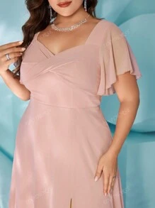 UNITHORSE Plus Size V-Neck Flounce Sleeve Chiffon Dress With Back Bow Tie, Elegant And Stylish, Split Design For Elongating Legs, Graceful And Dynamic Evening Dress Bridesmaid Dress