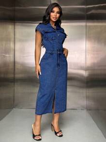 SHEIN SXY Women's Collared Front Button Batwing Sleeve Denim Dress With Pockets And Front Slit, Casual Daily Wear - Blue - View 5