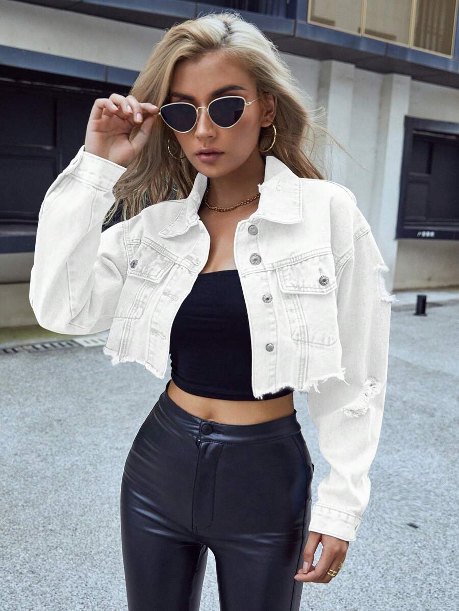 SHEIN ICON Button Front Collared Long Sleeve Short Denim Jacket, Casual Daily Wear - White - View 1