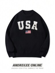 ユニセックス 冬用 カジュアル クルーネック 長袖 USAロゴ アメリカ国旗 ニットプルオーバーセーター