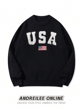 Winter Men's Unisex Versatile Casual Crew Neck Long Sleeve USA Letter American Flag Knit Pullover Sweater