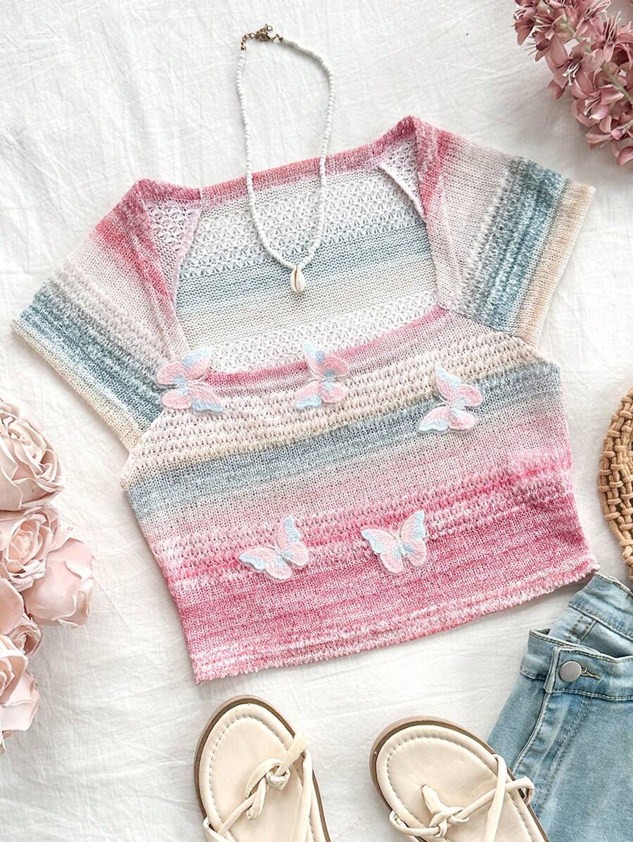 Soleia 女士夏季漸變色蝴蝶短袖休閒T恤，假日風情 - 彩色 - 查看 1