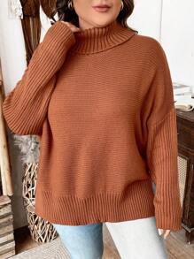 Plus Solid High Neck Drop Shoulder Sweater