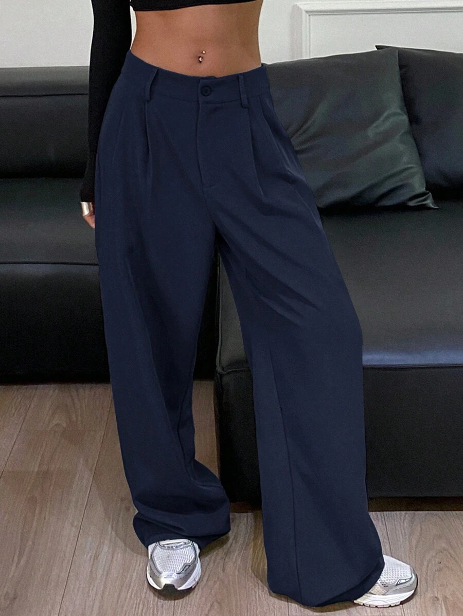 DAZY Jednokolorowe, codzienne, proste, regularne spodnie z kieszeniami, damskie, późna jesień, swobodne, plisowane, kieszeń, zamek błyskawiczny, naturalne, proste nogawki, długie, granatowe, regularne, damskie spodnie, codzienne, codzienne - Granatowy - Zobacz 1