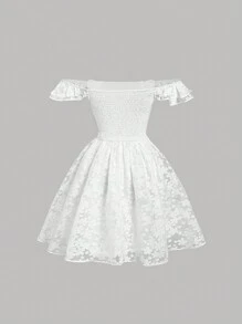SHEIN MOD White Layered Ruffle Off-Shoulder Dress With Floral Cutouts And Short Hemline,Tube Dress,Summer Wedding