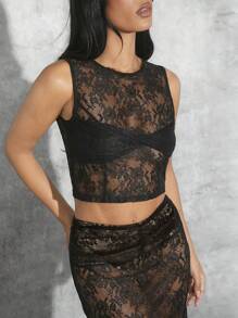 Hauture Vrouwen effen ronde hals doorschijnende top + rok met zijsplit zomer 2-delige outfit