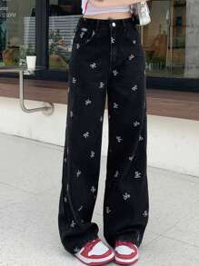 DAZY Bow Print Zipper Fly Wide Leg Jeans