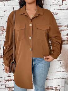 SHEIN LUNE Plus Size Lapel Buttoned Pocket Loose Solid Color Simple Casual Fashion Jacket With Long Sleeves For Daily Wear For Autumn & Winter Halloween Winter Clothes