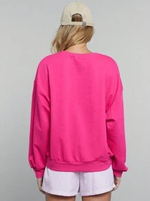 SHEIN EZwear Cartoon & Letter Graphic Drop Shoulder Sweatshirt - Hot Pink - View 3