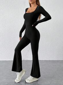 SHEIN PETITE Square Neck Flare Leg Black Jumpsuit - Black - View 5