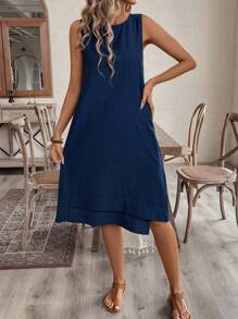 EMERY ROSE Váy mùa hè chữ A cổ tròn không tay đơn giản dành cho nữ - Màu xanh hải quân - Xem 1