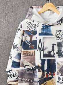 SHEIN Teen Boy Casual Loose Comfortable Hoodie With Letter Print Pattern, Versatile,In Fall/Winter