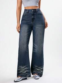 Women High Waist Casual Wide Leg Jeans - Dark Wash - View 6