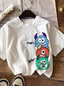 SHEIN Young Boy Casual Simple Cartoon Fun Pattern Short-Sleeved Round Neck T-Shirt Suitable For Summer - White - View 3