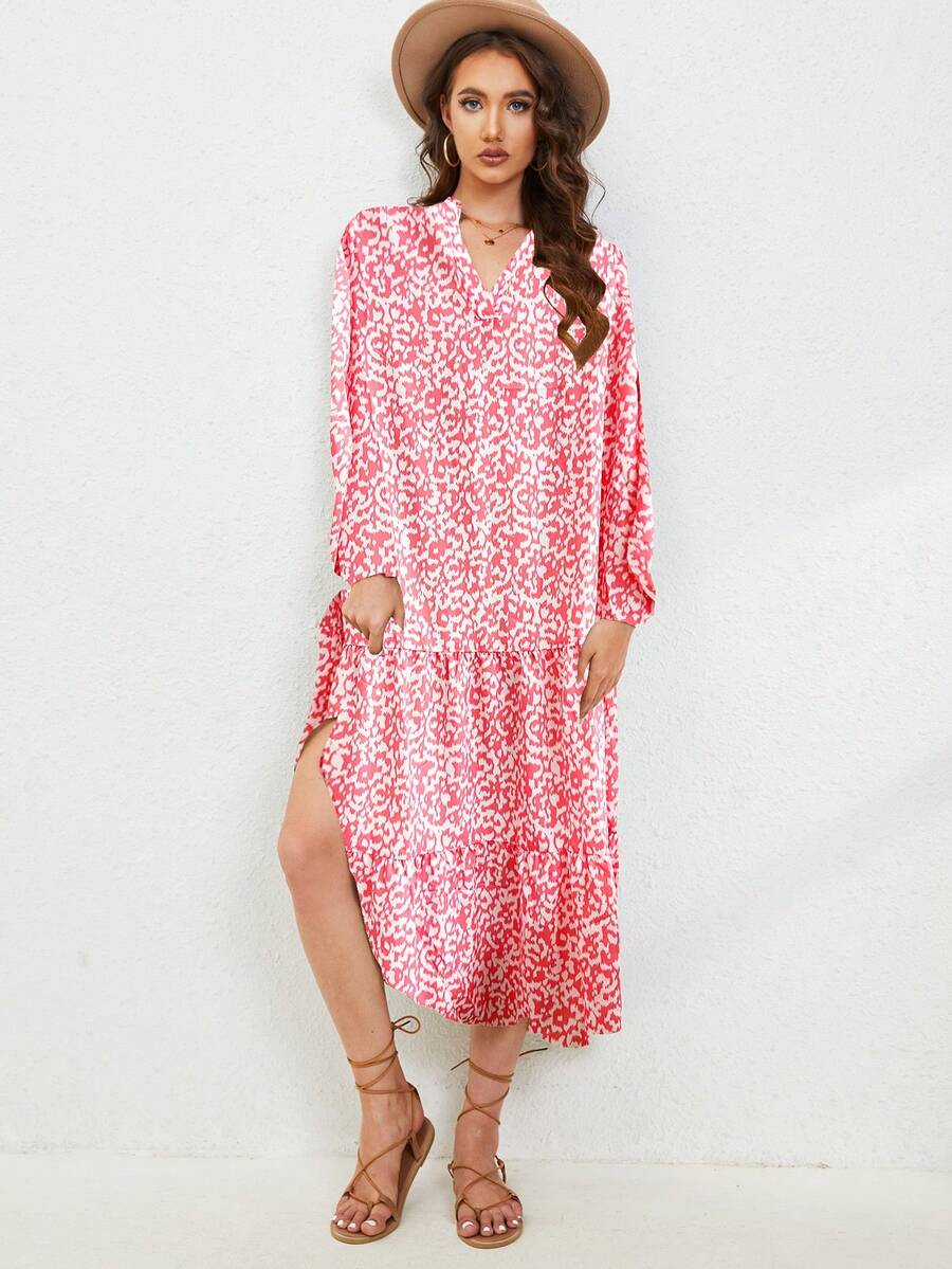 Ladies' Printed Long Sleeve Dress - Coral Pink - View 1