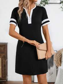 EMERY ROSE Summer Short Casual Short Sleeve Patchwork Dress - Black and White - View 6