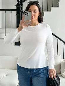 SHEIN Essnce 大码女式夏秋季休闲紧身后背镂空白色长袖 T 恤、可爱上衣、秋季女装、曲线加大码、返校、秋装、巡航女装、长袖上衣、白色上衣、性感上衣 - 白色 - 查看 3