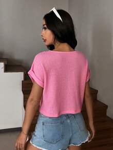 SHEIN EZwear Top corto rosa sólido con dobladillo ajustado - Rosa - Ver 2