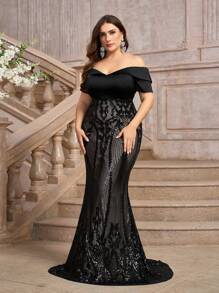 SHEIN Belle Vestido de fiesta elegante y formal de talla grande, con tela negra de lujo tipo gasa con flores 3D, multicapa con volantes y abertura alta, apropiado para graduaciones, cenas y bodas como invitada. - Negro - Ver 4