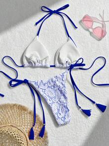 SHEIN Swim Women's Summer Beach Paisley Lace Halter Neck Tie Sexy Bikini Set - Royal Blue - View 2