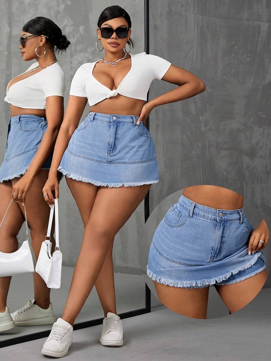 SHEIN SXY Váy Denim Plus Size Không Co Giãn, Thời Trang Và Gợi Cảm - Màu xanh lam - Xem 1