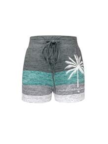 Women Elastic Waist Drawstring Coconut Tree Print Slim Fit Beach Holiday Shorts, Comfortable Home Wear, Suitable For Summer