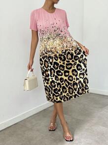 SHEIN LUNE Women's Pleated High Elasticity Printed Dress - Pink - View 4