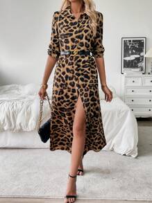 EMERY ROSE Vestido camisero largo con estampado de leopardo, cuello, manga larga y abertura frontal, atuendo de mujer maxi - Marrón - Ver 4