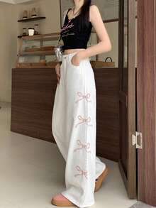 DAZY Bow Pattern Zipper Fly Jeans - White - View 3