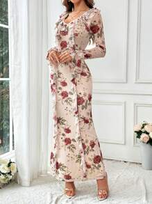 Firerie Women's Romantic Floral Printed Long Sleeve Dress, With Ruffle Hem,Long Flared Sleeve Dress,Fishtail Hem Long Dress,Fall Dresses,Homecoming Dresses,Boho Dress,Elegant Dress For Daily, Commuting, Holiday, Party, Dating