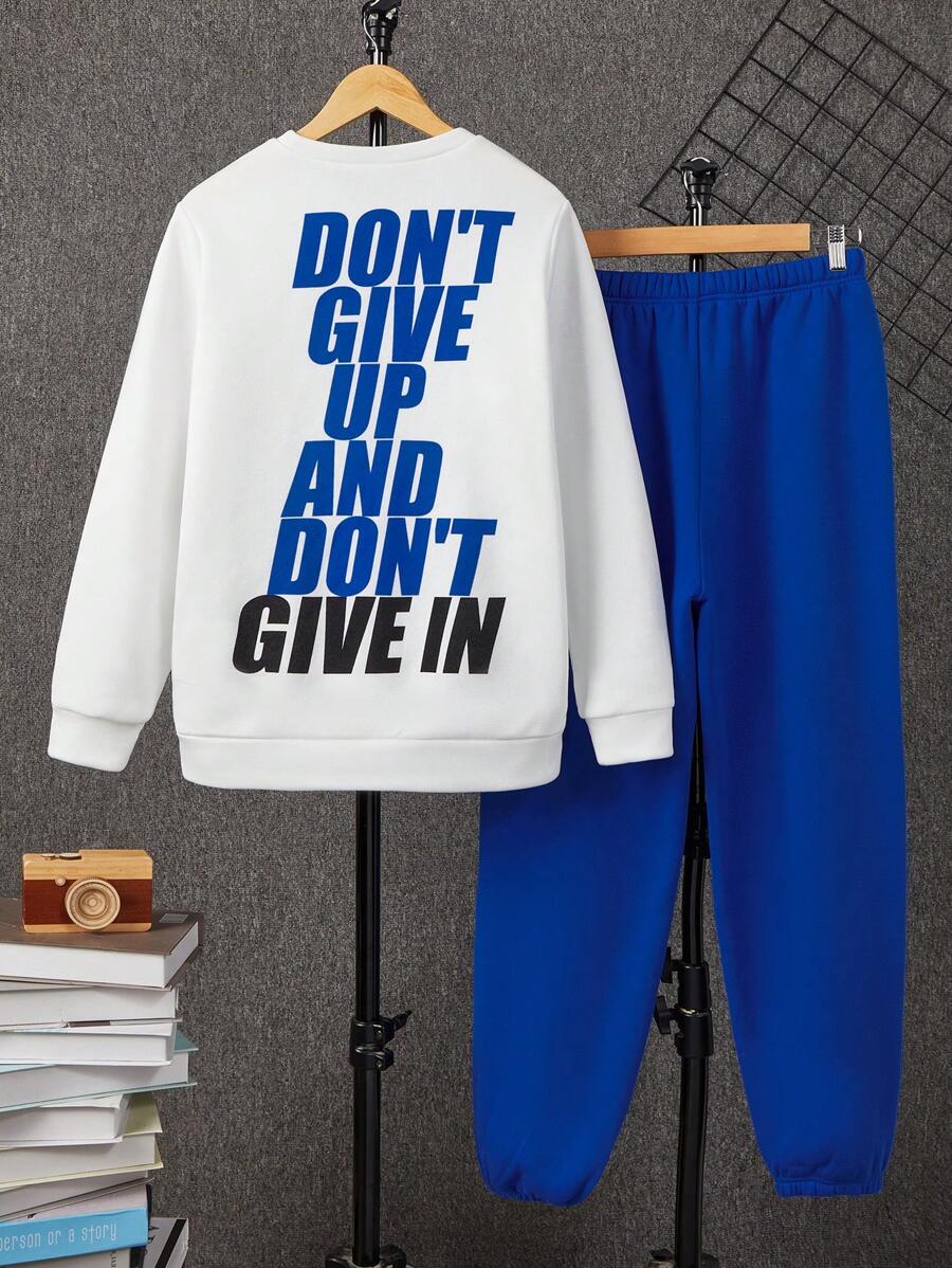 SHEIN 2 件套青少年男童休闲宽松背印图案圆领运动衫和抽绳羊毛加厚运动裤套装 - 彩色 - 查看 1