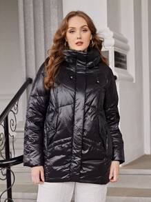 Astrid Plus Solid Zip Up Hooded Down Coat - Black - View 1