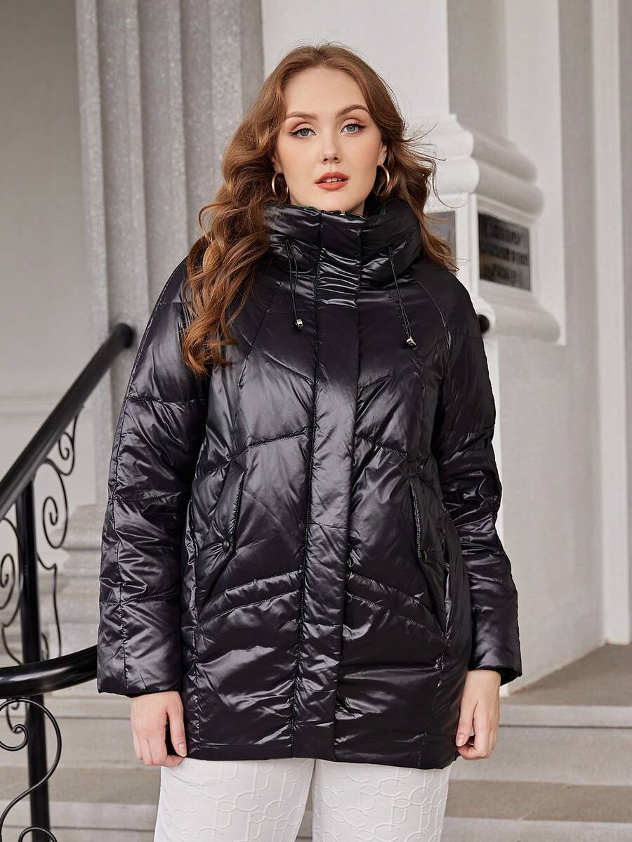 Astrid Plus Solid Zip Up Hooded Down Coat - Black - View 1