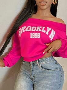 SHEIN SXY Plus Size Plus Size Off Shoulder Long Sleeve Letter Print Casual Sweatshirt, For Winter Fall Autumn