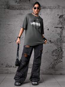 Streetz SHEIN Sport 字母圖形下垂肩運動T恤 - 灰色 - 查看 4