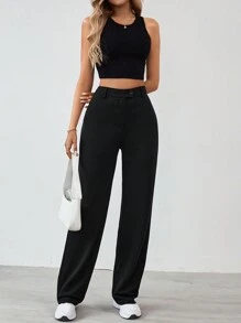 SHEIN Tall Women's Solid Color Zipper Built-In Straight Pants