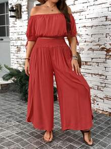 SHEIN LUNE Plus Off Shoulder Crop Top & Shirred Waist Wide Leg Pants - Red - View 2