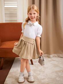 SHEIN Elladie kids 女孩优雅休闲度假百搭褶皱卡其裙，适合春、夏、秋、冬，不对称腰带设计，褶皱下摆，纽扣装饰，适合外出、上学、派对、聚会 - 卡其色 - 查看 4