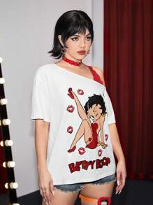 Betty Boop | ROMWE Cartoon Character And Lips Print Lace Splicing Asymmetrical Shoulder T-Shirt, Summer