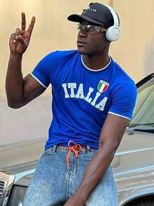 Manfinity Dauomo 男士義大利字母印花短袖T恤 - 藍色 - 查看 1