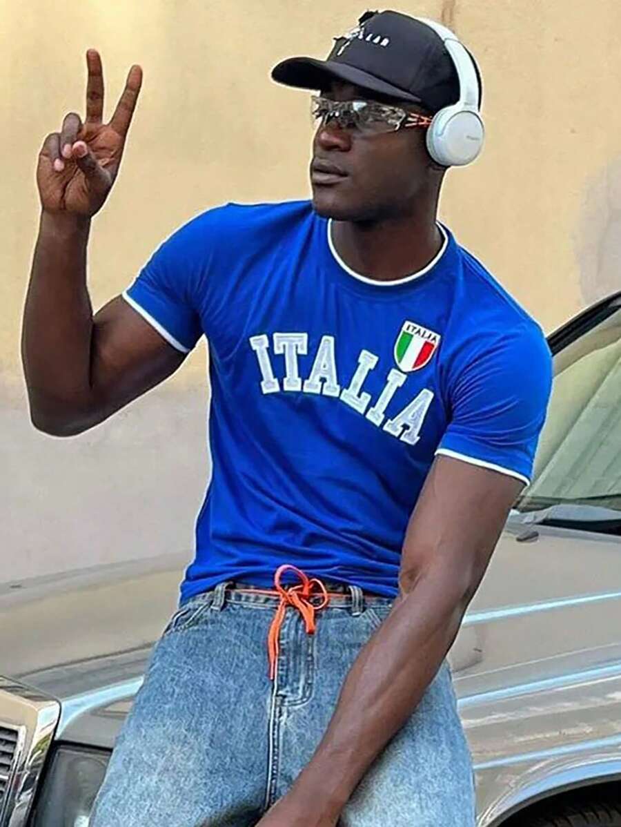 Manfinity Dauomo 男士義大利字母印花短袖T恤 - 藍色 - 查看 1