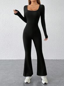 SHEIN PETITE Square Neck Flare Leg Black Jumpsuit - Black - View 2