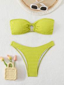 SHEIN Swim Women's Summer Beach Solid Color Bandeau Bikini Set With Circular Rings, Sexy Two-Piece Bathing Suit - Lime Green - View 1