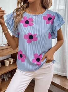SHEIN LUNE Women's Colorful Flower Printed Simple Daily Shirt - Blue - View 6
